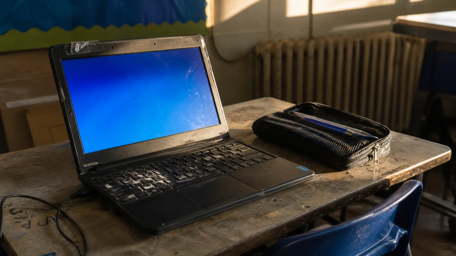 Illustration of a battered school laptop with worn key legends on a classroom desk beside a pencil case, lit by afternoon light from a window