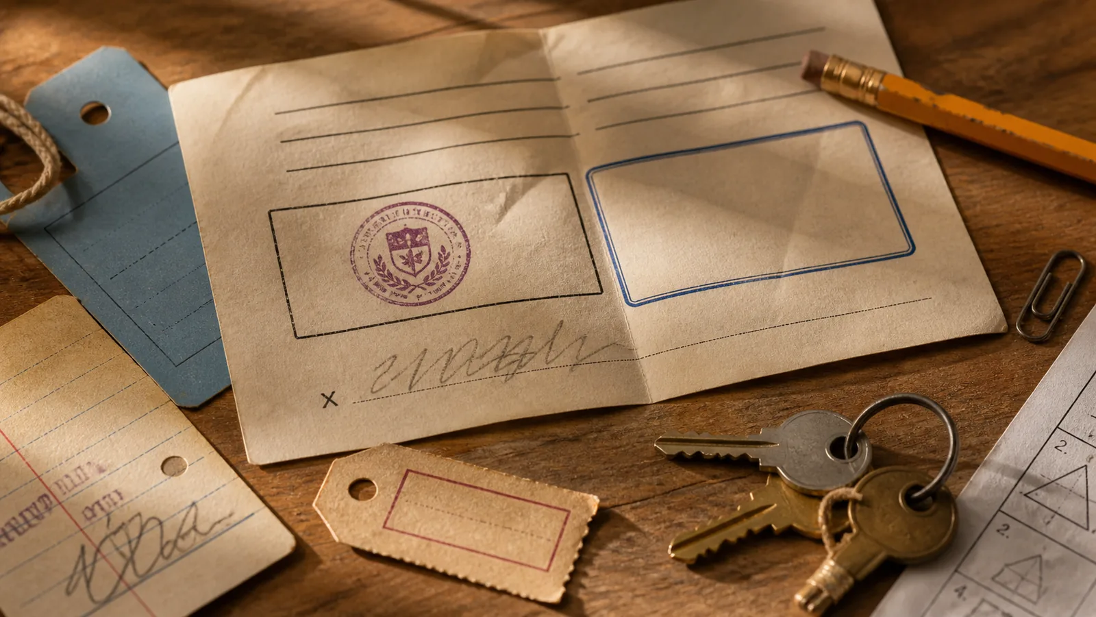 Illustration of a school permission form on a wooden desk carrying a purple school stamp, with the box for a parent's signature left empty