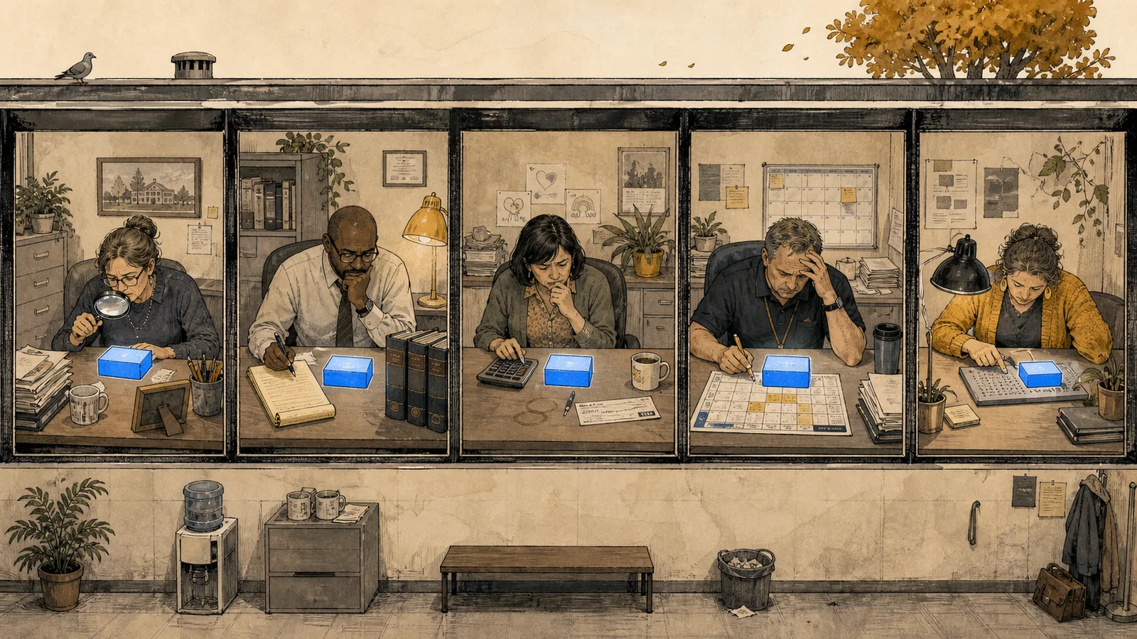 Illustration of five district staff working in adjacent office booths, each examining the same small blue object on their desk with a different tool