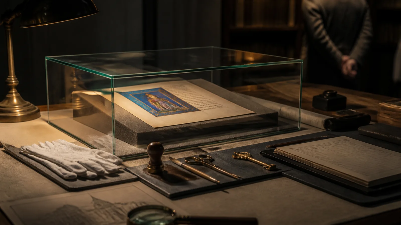 Illustration of a document held inside a glass case with a set of tools nearby that can open, copy, correct and destroy it, but only in stated ways