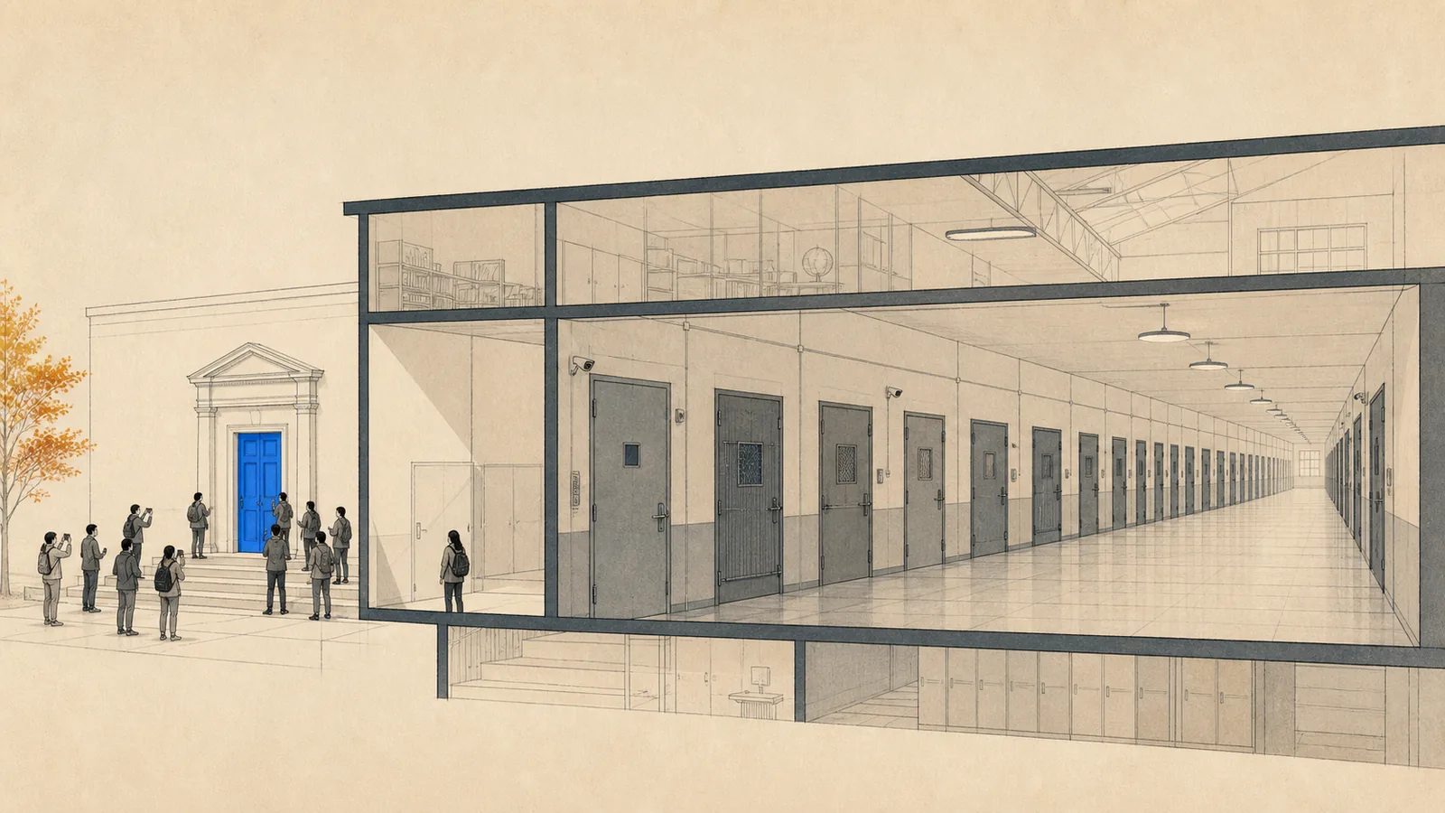 Illustration of a bright front door leading into a long corridor of quieter closed doors, representing the five approval gates behind a product demo