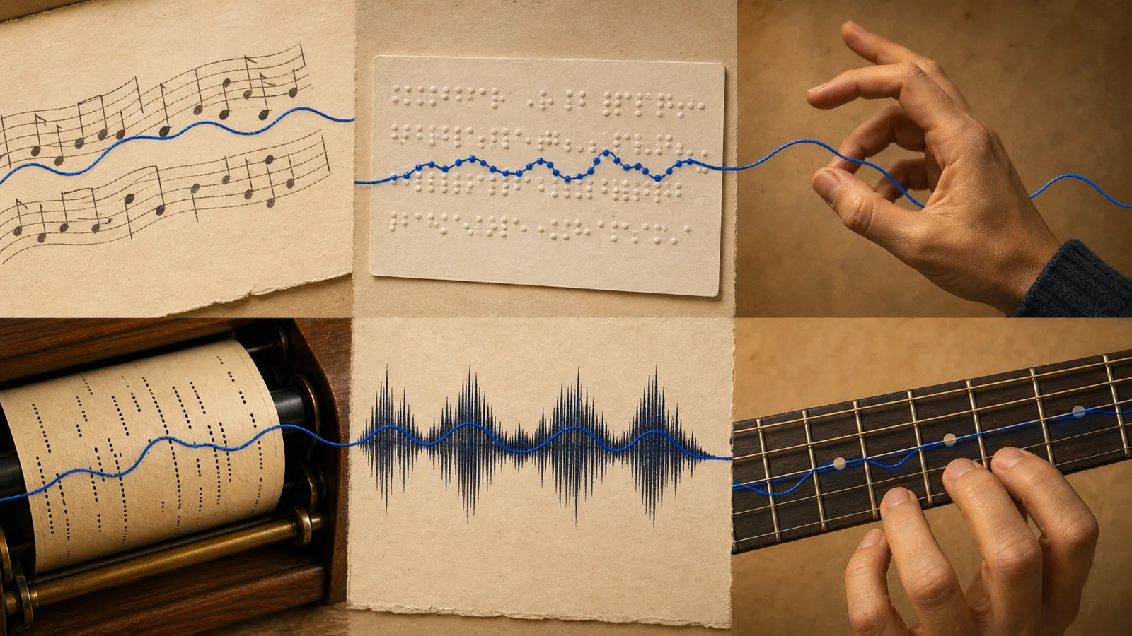 Illustration of one musical phrase shown six ways at equal size, as printed notation, embossed braille, a signing hand, a piano roll, a waveform and fingers on a fretboard, with a single blue thread running through all six