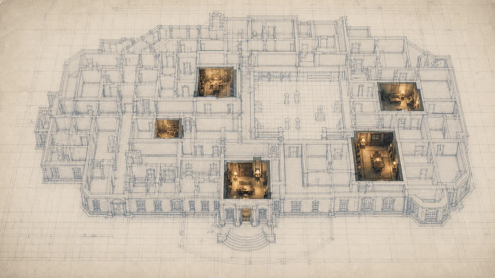 Illustration of a large blueprint of a building where only a few rooms are lit, representing the small subset of the OneRoster specification districts actually provide