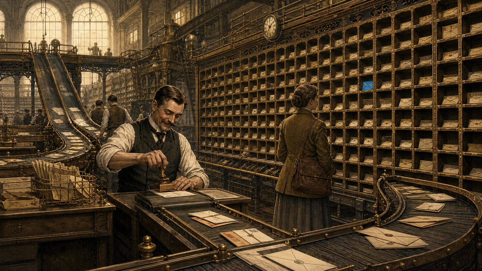 Illustration of a letter travelling through a sorting office and coming to rest in the wrong pigeonhole while a receipt is stamped successful