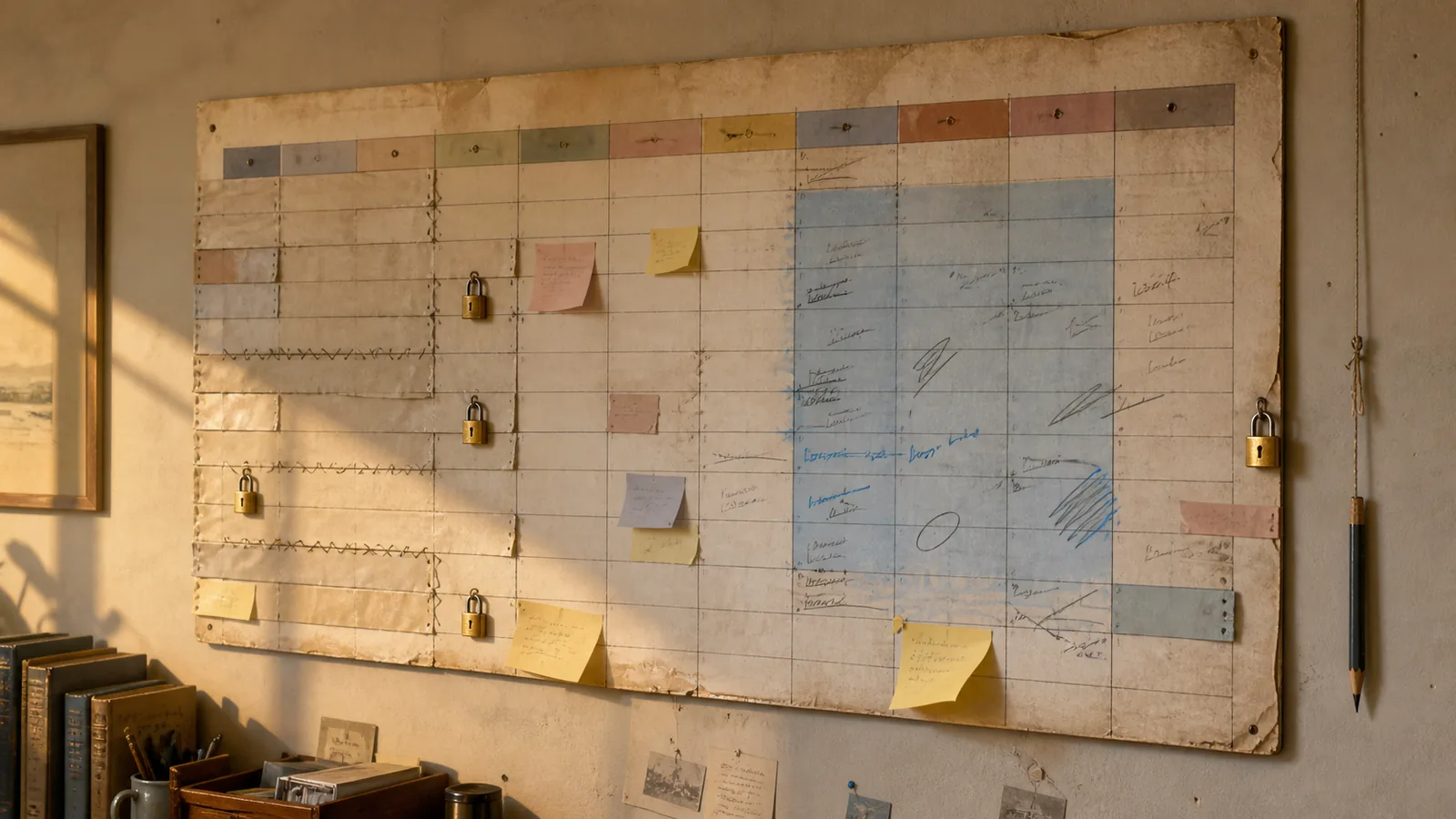 Illustration of a year-long wall planner where some weeks are sealed shut and one stretch of autumn is open and marked up