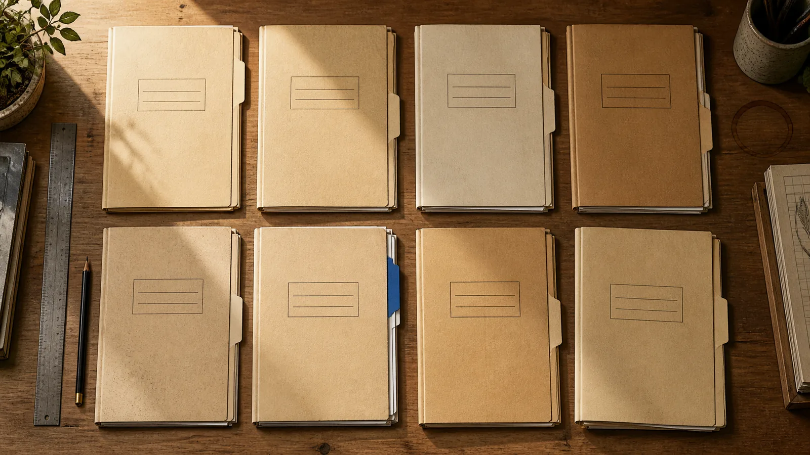 Illustration of eight labelled document folders laid out in a neat grid on a desk, ready before anyone asked for them