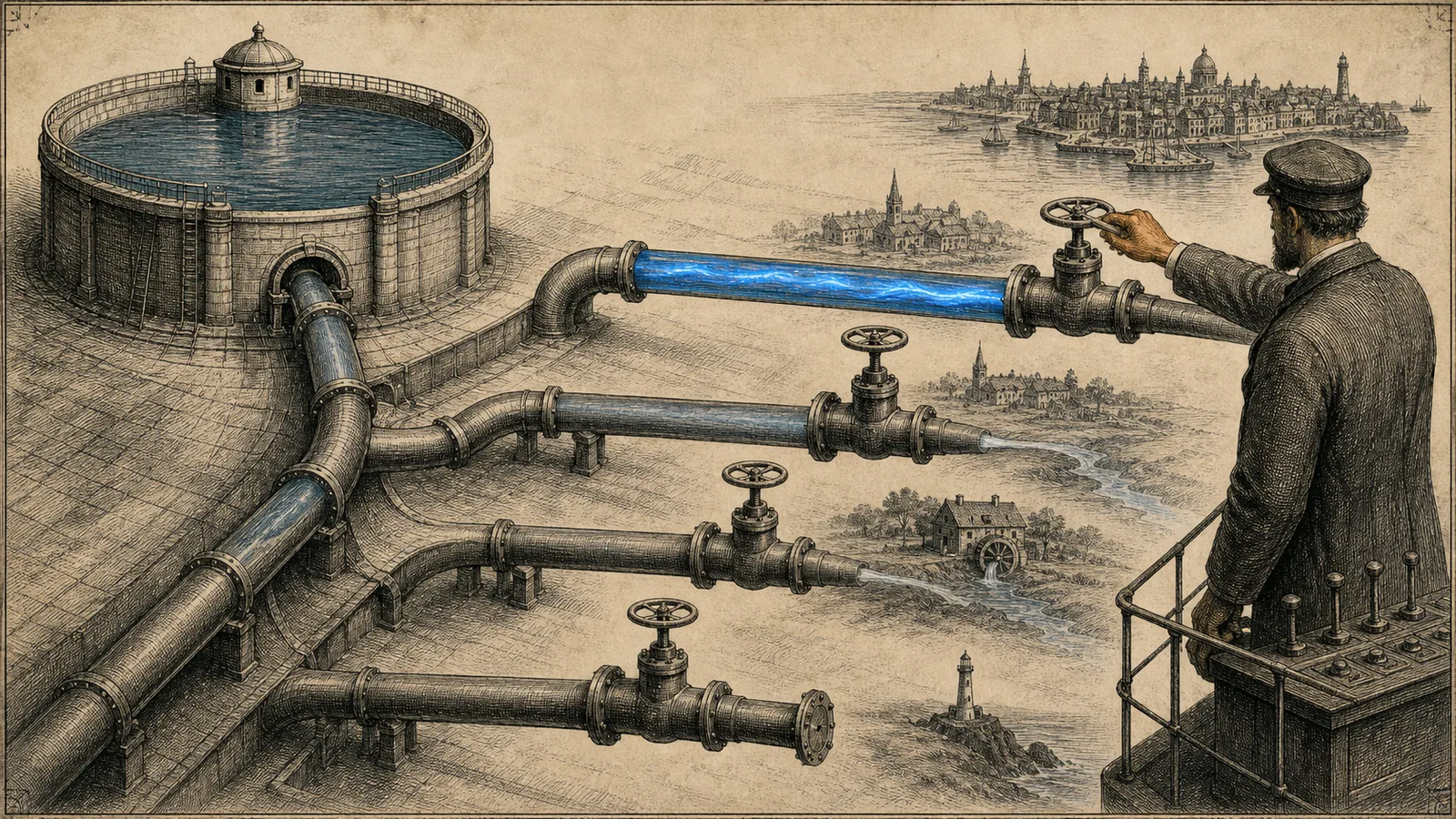 Illustration of a water system where a single reservoir feeds five different pipes, each with its own valve controlled from a distance