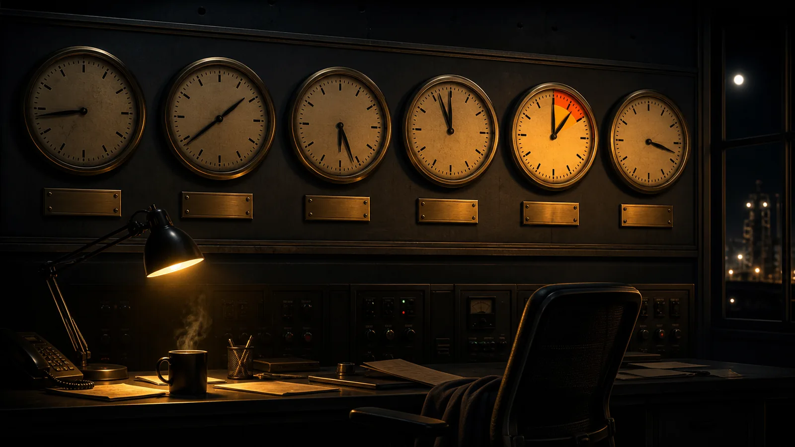 Illustration of a wall of identical clocks each set to a different time, labelled by jurisdiction