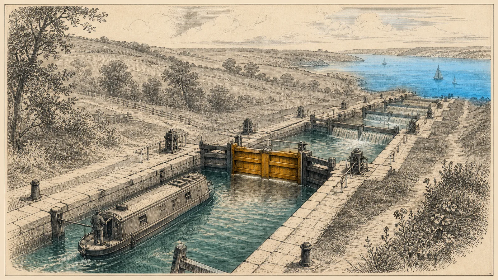 Illustration of a canal lock system where a gate holds back a boat before the final chamber, representing validation stopping a bad payload before it is applied